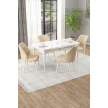 Arel Beyaz Mermer 80x132 Açılabilir Mdf Masa Yemek Odası Takımı, Mutfak Takımı 4 Adet Sandalye Beyaz Mermer - 4 Krem - Beyaz Ayak