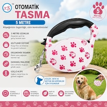 Xs Otomatik Köpek Gezdirme Tasması 5 Metre Kilitli Pati Desenli - Pembe Beyaz Çok Renkli