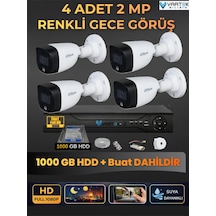 4 Kameralı 2mp Gece Renkli Güvenlik Kamerası Seti, 1000 Gb Hdd, Fullhd İç Dış Mekan Uyumlu