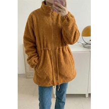 Femelle Kadın Hardal Peluş Cepli İçi Astarlı Fermuarlı Ceket
