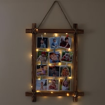 Ahşap Çerçeve Fotoğraf Çerçevesi Led Işıklı Ipli Renkli Mandallı Kahverengi