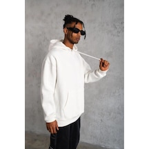 Erkek 3 İplik Pamuklu Kapüşonlu Cepli Düz Hoodie Sweatshirt - Beyaz Siyah