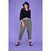 Bohem Stil Kadın Keten Havuç Pantolon-8603 Haki Yeşil Haki
