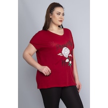 Şans Kadın Bordo Baskı Detaylı Düşük Kol Bluz 65n22675-mavi Mavi