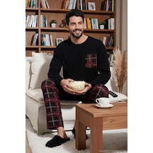 Buratti Ekoseli Cepli Beli Lastikli % 100 Pamuk Regular Fit Erkek Pijama Takımı 6572001 Siyah-Bordo