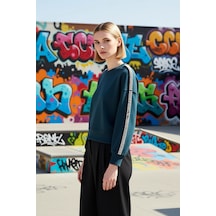 Benerly Kadın Bisiklet Yaka Düşük Kol Regular Sweatshirt Fonksiyonel Daya Petrol