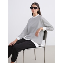 Lcw Modest Siyah Büyük Beden Bisiklet Yaka Çizgili Kadın Sweatshirt Tunik