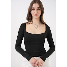 Kadın Kare Yaka Uzun Kollu Slim Fitt Vücuda Oturan Bluz 986 Siyah