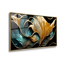 Altın Ve Turkuaz Dev Yapraklar Gold Çerçeveli Cam Tablo