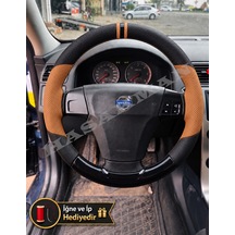 Volvo S40 Dikme Direksiyon Kılıfı Delikli Deri Parlak Siyah Taba Detay Çift Yüzük Ve Dikiş 2004-2012