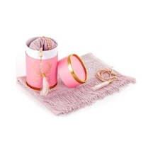 Özel Silindir Kutulu Set Inci Tesbihli Tül Şal Pembe Renk