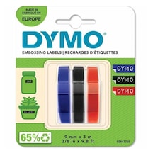 Dymo Kabartma Şerit 9 Mm X 3 Metre 3 Lü Blister Kırmızı Mavi Siyah