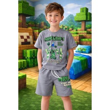 Cg Kids Minecraft Sof Gri Tshirt & Şort Alt Üst Takım Süper Kalite Sırt Baskı Detay