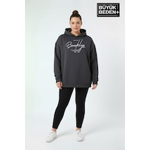 Süperlife Kadın Büyük Beden Kapüşonlu El Yazılı Brooklyn Baskılı İnce Sweatshirt Spr26bswk958 Füme
