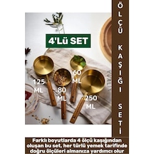 Pratik Mutfak Yemek Hazırlık Bakliyat Sıvı Ölçüm Estetik Gold Renk 4lü Ahşap Saplı Metal Ölçü Kaşığı Çok Renkli