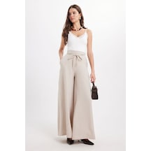Tudors Kadın Relax Fit Rahat Kesim Pamuklu Beli Bağcıklı Bej Palazzo Etek Pantolon-50896