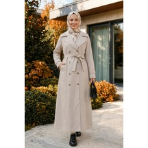 Hb Harma Time Butik Kadın Çift Düğmeli Kuşaklı Astarlı Bondit Bej Trençkot Bej Bej