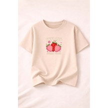 Herkesemoda Feelıng Baskı Detaylı Kadın Bisiklet Yaka Pamuklu T-shirt Bej