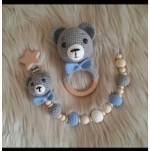 Amigurumi Ayıcık Çıngırak Ve Emzik Zinciri Yenidoğan Hediyelik