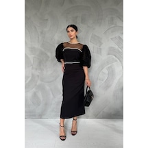 Elbee Fashion Woman Kolları Dantelli İnci Detaylı Elbise - Siyah-beyaz-7430 Siyah