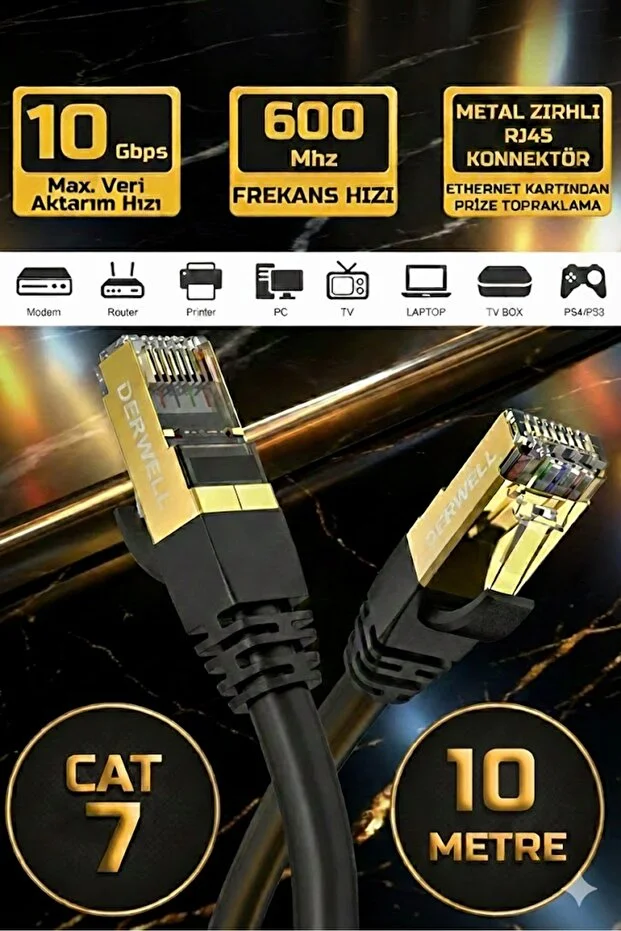 10 Metre Yeni Nesil Cat7 Ultra Hızlı Ethernet Kablosu Yüksek Hız Gigabit Destekli İnternet Kablosu