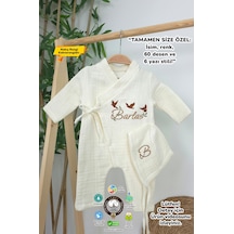 Gros Shop Müslin Yeni Doğan 4katlı Organik %100pamuk Kişiye Özgü Nakışlı Hastane Çıkış Seti 3'lü Kelebk Model Ekru-5