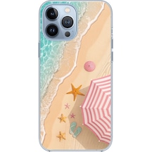 İphone 13 Pro Max Uyumlu Pembe Şemsiyeli Sahil Baskılı Silikon Kılıf Renkli