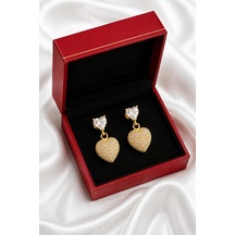 Çekirdekjewelry 925 Ayar Gümüş Kalp Küpe Zirkon Taşlı Altın Renk Sallantılı Kadın Küpe Hediye Kutulu Sarı