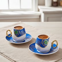 Evil Eye Nazar Boncuğu Desenli 6 Kişilik Porselen Fincan Takımı Mavi - Beyaz