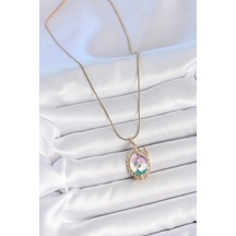 Zarif Kadın İçin Golden Çelik Zincir Alaca Mineli Çiçek Zirkonlu Portre Kolye Metalik