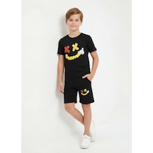Panios Kids Yuvarlak Yakalı Yazlık Emoji Baskı Detaylı Kaprili Erkek Çocuk Alt Üst Takım Siyah