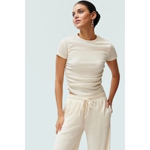 Ersefa Polyester Karışımlı Bluz Crop Boy Fitted Kalıp Kısa Kol Seçkin Ma Taş