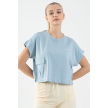 Maraton Sportswear Comfort Kadın Bisiklet Yaka Kısa Kol Basic Sisli Mavi Crop Top 20856 Mavi