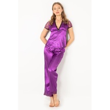 Miorre Kadın Dantel Detaylı Kısa Kollu Saten Pijama Takımı