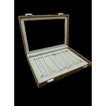 Cam Kapaklı Deri Kumaş Kahve-krem Renk 34 Cm / 24 Cm Bileklik Sergileme Standı