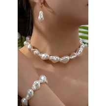 Mrs Flower Elegant Serisi Kadın İnci Takım Küpe Kolye Bilelik Set Çok Renkli