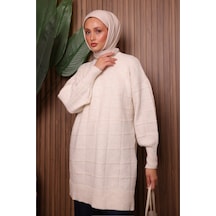 Balenbi Kare Dokulu Oversize Yumoş Tesettür Triko Tunik 7012 Ekru