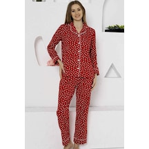 Alimer Kadın Kırmızı Kalpli Gömlek Yaka Pijama Takımı Edy2764uk-k Kırmızı