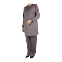 Kadın Tunik Önü Dikişli Altı Bantlı Pantolon Beli Lastikli Önü Dikişli İkili Takım Vizon