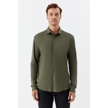 Sabri Özel Erkek Haki Dar Kesim Slim Fit %100 Pamuk Düz Dokuma Klasik Yaka Gömlek