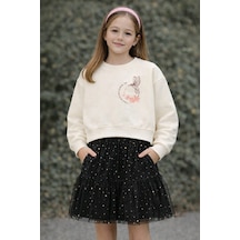 Kız Çocuk Nakış Detaylı Uzun Kollu Sweatshirt Vanilya Renk 5 10 Yaş Beyaz