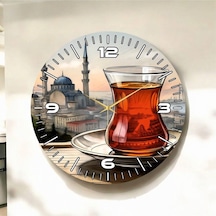 Renkli Baskı Çay İstanbul Desenli Sayılı Hediyelik Ahşap Sessiz Duvar Saati 50cm ÇOk Renkli