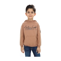Toontoy Kids Toontoy Erkek Çocuk Relax Fit Kapüşonlu Cepli Hafif Düşük Omuz Baskılı Sweatshirt - 2 İplik Kahverengi