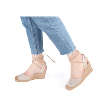 Star Tombis Gerçek Elişi Bilekten Bağcıklı Topuğu Açık Dolgu Topuk Keten Hasır Kadın Espadril Handmade Bej