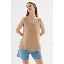 Fashion Friends V Yaka Bej Kadın Bluz 26y0530k1