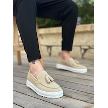 Pabucmarketi Bağcıksız Püsküllü Keten Erkek Ayakkabı Krem Beyaz Taban Çok Renkli