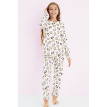 Siyah İnci Kız Çocuk Renkli Desenli Pamuklu Pijama Takım 24225702 Ekru