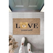 Kahverengi Kapı Önü Paspası Love Yourself Ayıcık Desen K-3329 Renkli