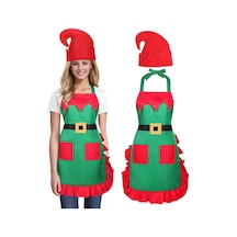 Kadın Noel Mutfak Önlüğü 2 Cepli Bayan Ayarlanabilir Aşçı Yeşil + Şapka, Tek Beden Diğer