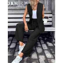 Defymoda Kadın Kolsuz Önü Açık Yakalı Cepli Janjan Krep Yelek Ve Pantolon Ikili Takım Siyah